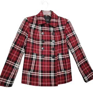 Wool Plaid Pea Coat Red Black | Size S